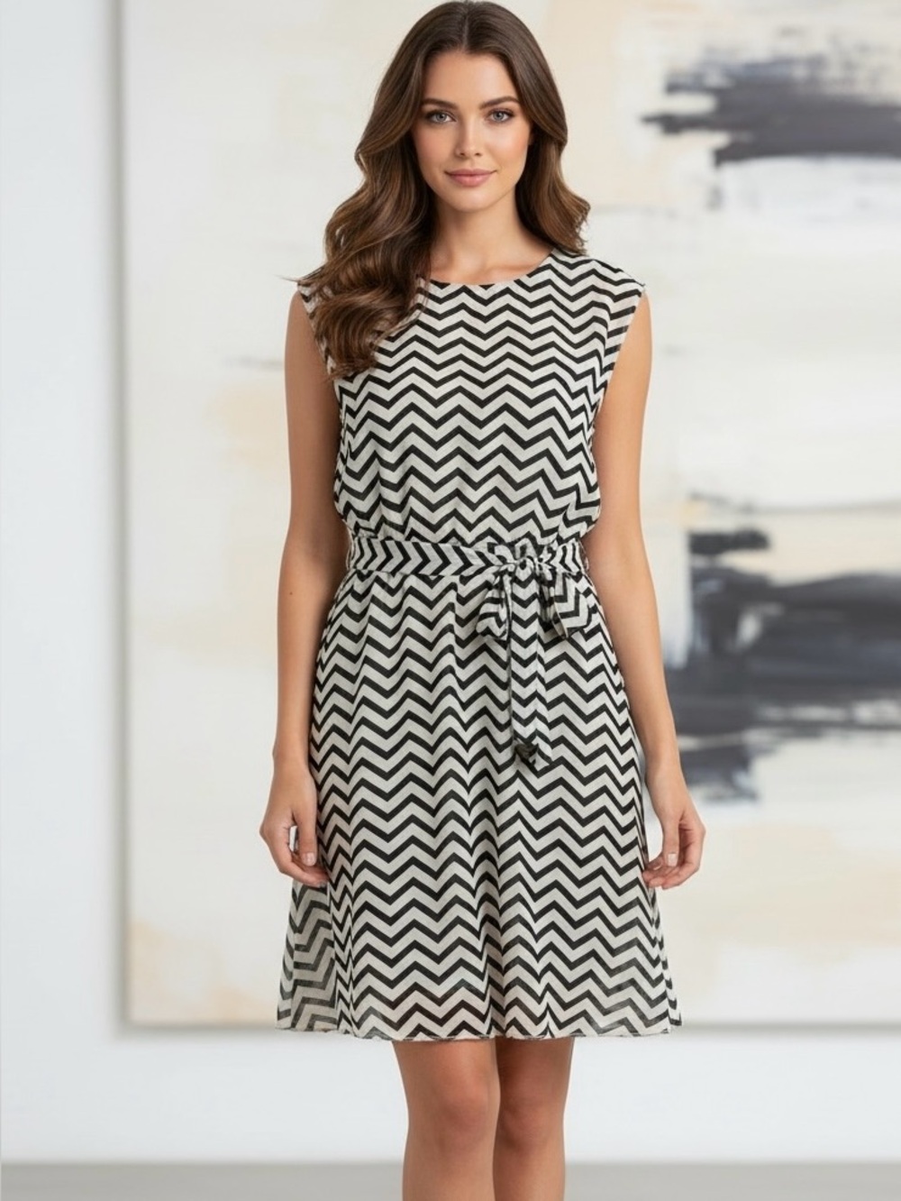 Tacera Black Cream Chevron Print Sleeveless Dress Belt Tie Length Small